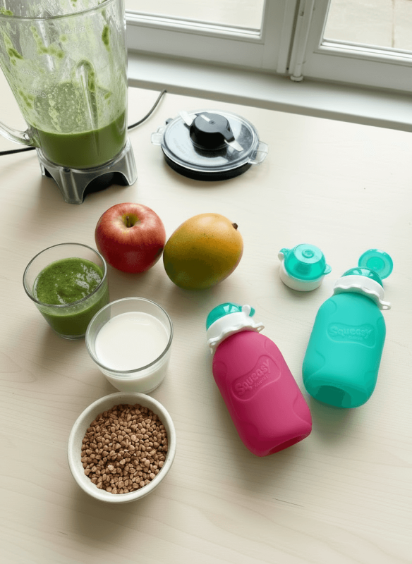 Power-Quetschie mit geschrotetem Buchweizen, Smoothie und Apfel-Mango-Mark